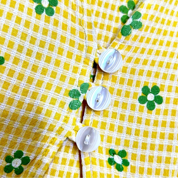 Vintage 90s Flower Power Gingham Maxi Dress Layers Gathers Ties Yellow Stretch S - Picture 6 of 7